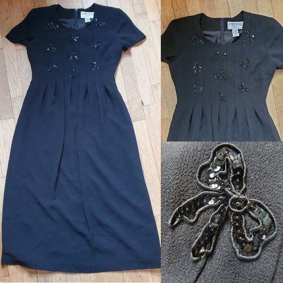 Vintage 80s 90s Short Sleeve A Line Midi Dress Black Bow Gothic Twee Whimsygoth - Picture 3 of 7